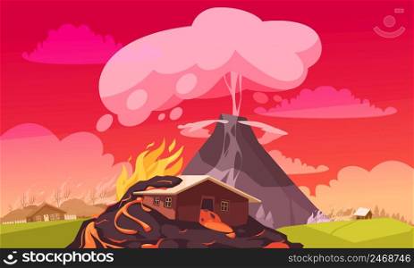 Natural disasters eruption composition of flat cartoon style landscape with burning houses and convulsion of nature vector illustration. Volcanic Explosion Flat Composition