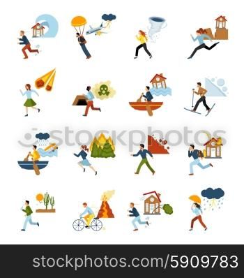 Natural Disasters Escape Images Set . Human escape from different types of natural disasters flat color images set isolated vector illustration
