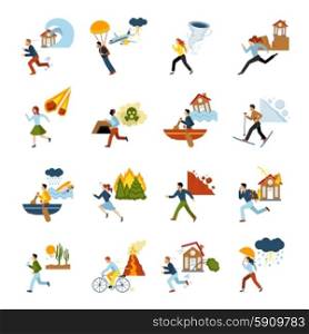 Natural Disasters Escape Images Set . Human escape from different types of natural disasters flat color images set isolated vector illustration