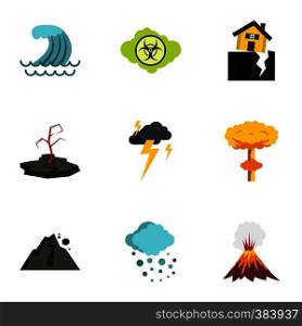 Natural disasters icons set. Flat illustration of 9 natural disasters vector icons for web. Natural disasters icons set, flat style