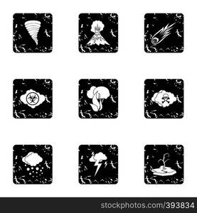 Natural disasters icons set. Grunge illustration of 9 natural disasters vector icons for web. Natural disasters icons set, grunge style