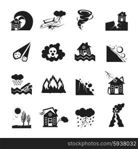 Natural Disasters Monochrome Icons Set . Flat monochrome icons set of various types of natural disasters isolated vector illustration