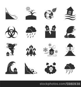 Natural Disasters Monochrome Icons Set . Natural disasters and negative effects icons set drawn in black and white flat style isolated vector illustration