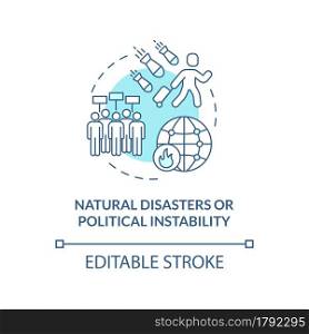 Natural disasters or political instability blue concept icon. Reason of slavery and trafficking abstract idea thin line illustration. Vector isolated outline color drawing. Editable stroke. Natural disasters or political instability blue concept icon