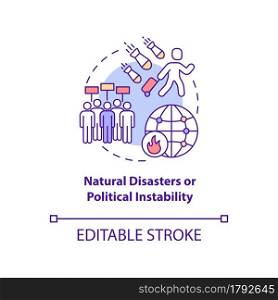 Natural disasters or political instability concept icon. Illegal human trade and exploitation reason abstract idea thin line illustration. Vector isolated outline color drawing. Editable stroke. Natural disasters or political instability concept icon