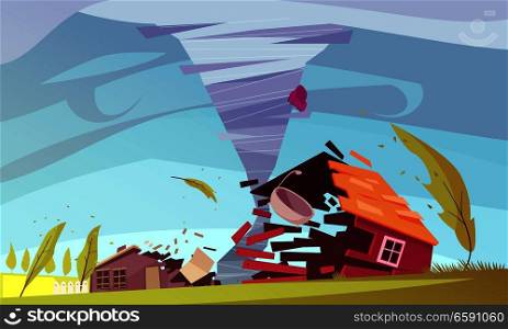 Natural disasters outdoor composition with living house on storm flat images of sky and environment vector illustration . Storm Wind House Composition