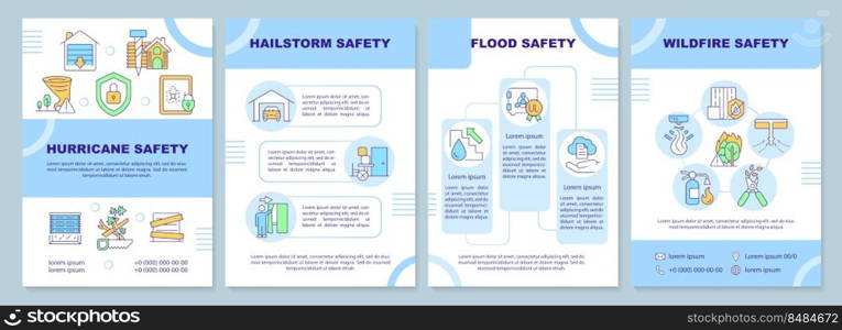 Natural disasters safety measures blue brochure template. Leaflet design with linear icons. Editable 4 vector layouts for presentation, annual reports. Arial-Black, Myriad Pro-Regular fonts used. Natural disasters safety measures blue brochure template