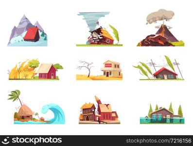 Natural disasters set of nine isolated images with outdoor compositions of living houses under different conditions vector illustration. Flat Environmental Incidents Set