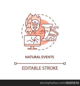 Natural events red concept icon. Tornadoes and wildfire. Recovery. Disaster type abstract idea thin line illustration. Isolated outline drawing. Editable stroke. Arial, Myriad Pro-Bold fonts used. Natural events red concept icon