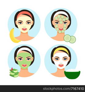 Natural facial masks. Homemade cosmetics facial mask set for cartoon cute girl face vector illustration. Natural facial masks