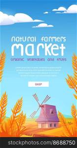 Natural farmer market cartoon web banner. Windmill on farm nature rural background with field and wheat. Advertisement for organic vegetable and fruits production promo, Vector mobile app onboard page. Natural farmer market cartoon web banner, promo