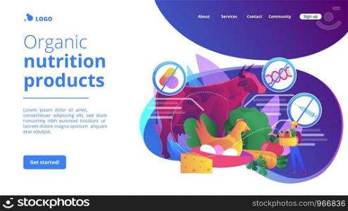 Natural farmers market goods, eco vegetables. Free from antibiotics hormones GMO foods, organic nutrition products, choose healthy foods concept. Bright vibrant violet vector isolated illustration. Free from antibiotics hormones GMO foods concept landing page.