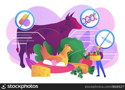 Natural farmers market goods, eco vegetables. Free from antibiotics hormones GMO foods, organic nutrition products, choose healthy foods concept. Bright vibrant violet vector isolated illustration. Free from antibiotics hormones GMO foods concept vector illustration.