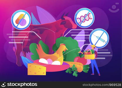 Natural farmers market goods, eco vegetables. Free from antibiotics hormones GMO foods, organic nutrition products, choose healthy foods concept. Bright vibrant violet vector isolated illustration. Free from antibiotics hormones GMO foods concept vector illustration.