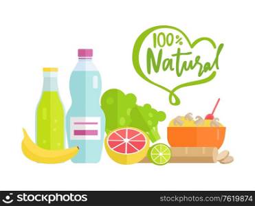 Natural food 100 percent organic vector, grapefruit and banana, bottle of fresh water, leaves and lime porridge in bowl served with spoon, dishes. Natural and Organic Meal, Fruits and Porridge