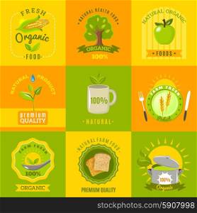 Natural food emblems flat icons set . Natural food from ecologically grown crops and vegetables emblems flat icons set abstract isolated vector illustration