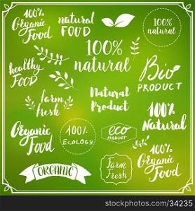 Natural food. Hand drawn lettering on colorful blurred background. Design elements for logo, label, badge, emblem, sign.