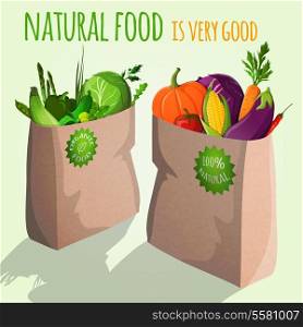 Natural food is very good vegetarian organic vegetables in paper bag with emblem vector illustration