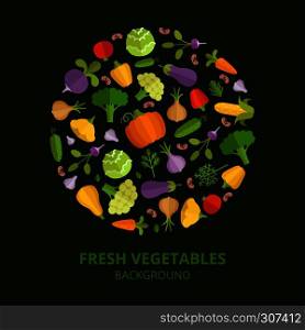 Natural foods illustration. Vegetables vector pictures in circle shape. Food vegetable organic cabbage and cucumber, pumpkin, and eggplant illustration. Natural foods illustration. Vegetables vector pictures in circle shape