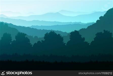 Natural forest Jungle horizon trees Landscape wallpaper Sunrise and sunset Illustration vector style Colorful view background