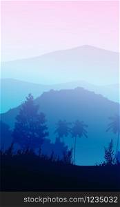 Natural forest mountains horizon hills silhouettes of trees Evening Sunrise and sunset Landscape wallpaper Illustration vector style Colorful view background