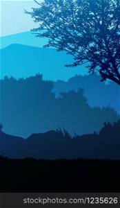 Natural forest mountains horizon hills silhouettes of trees Evening Sunrise and sunset Landscape wallpaper Illustration vector style Colorful view background