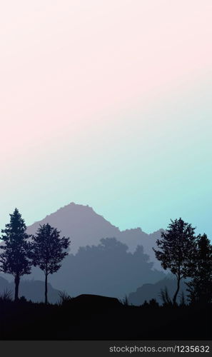 Natural forest mountains horizon hills silhouettes of trees Evening Sunrise and sunset Landscape wallpaper Illustration vector style Colorful view background