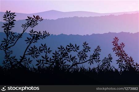 Natural forest mountains horizon hills silhouettes of trees. Evening Sunrise and sunset. Landscape wallpaper. Illustration vector style. Colorful view background.