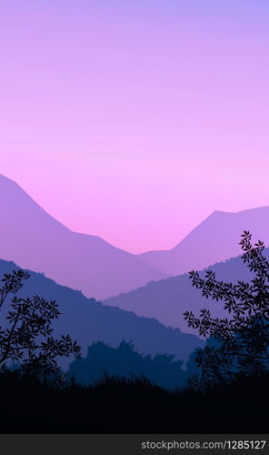 Natural forest mountains horizon hills silhouettes of trees. Evening Sunrise and sunset. Landscape wallpaper. Illustration vector style. Colorful view background.