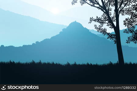 Natural forest mountains horizon hills silhouettes of trees. Evening Sunrise and sunset. Landscape wallpaper. Illustration vector style. Colorful view background.