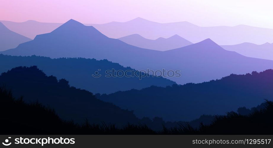 Natural forest mountains horizon hills silhouettes of trees. Evening Sunrise and sunset. Landscape wallpaper. Illustration vector style. Colorful view background.