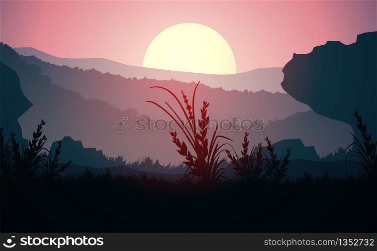 Natural forest mountains horizon hills silhouettes of trees. Evening Sunrise and sunset. Landscape wallpaper. Illustration vector style. Colorful view background