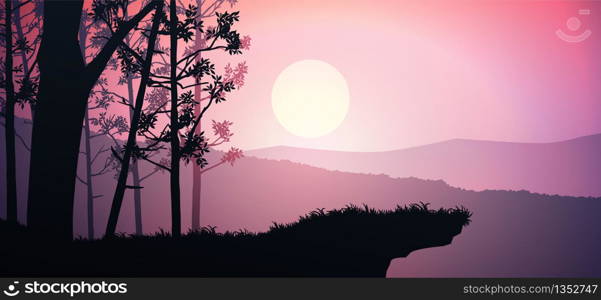 Natural forest mountains horizon hills silhouettes of trees. Evening Sunrise and sunset. Landscape wallpaper. Illustration vector style. Colorful view background.