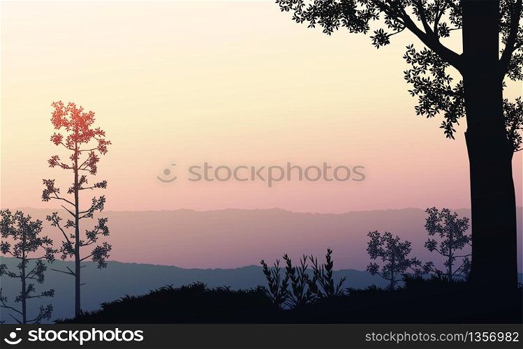Natural forest mountains horizon hills silhouettes of trees. Sunrise and sunset. Landscape wallpaper. Illustration vector style. Colorful view background.