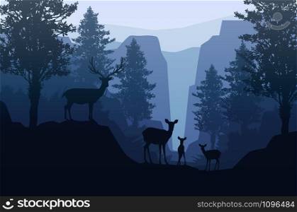 Natural forest mountains horizon trees Landscape wallpaper Sunrise and sunset Herd of deer Illustration vector style Colorful view background