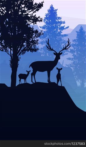 Natural forest mountains horizon trees Landscape wallpaper Sunrise and sunset Herd of deer Illustration vector style Colorful view background