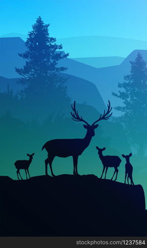 Natural forest mountains horizon trees Landscape wallpaper Sunrise and sunset Herd of deer Illustration vector style Colorful view background