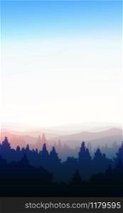 Natural forest trees mountains horizon hills silhouettes of trees and hills in the evening Sunrise and sunset Landscape wallpaper Illustration vector style Colorful view background