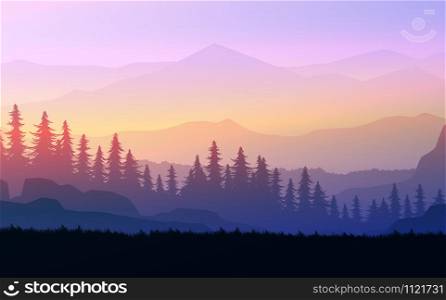 Natural forest trees mountains horizon hills Sunrise and sunset Landscape wallpaper Illustration vector style Colorful view background