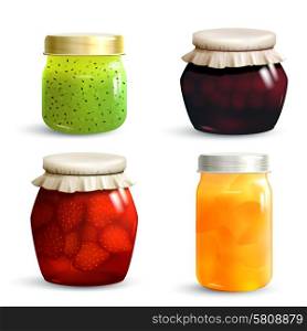 Natural fruit jam preserves jar set with realistic kiwi cherry strawberry and peach marmalade isolated vector illustration. Jam Jar Set