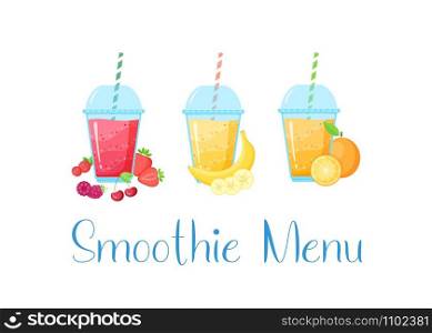 Natural fruit smoothie cocktail colection vector illustration. Sweet protein shake or vegeterian juicy cocktail set, glass cup with straw for smoothie social media banner isolated on white background. Colorful natural fruit smoothie colection graphic