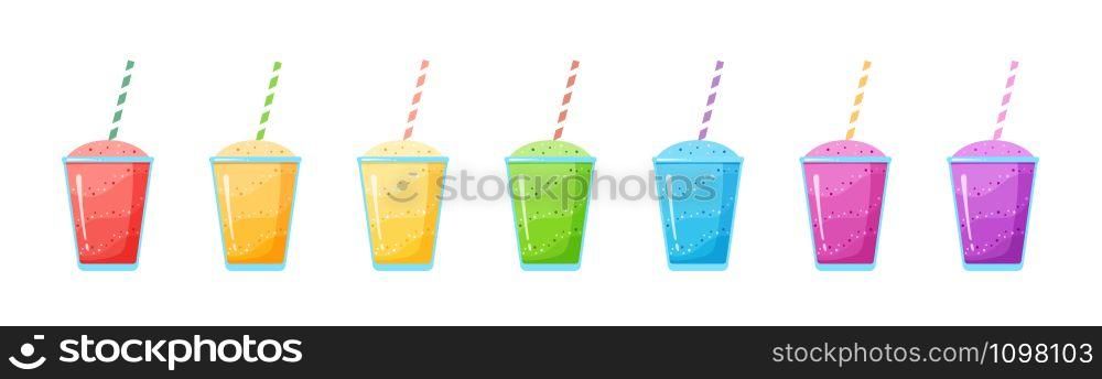 Natural fruit smoothie rainbow colection vector illustration. Sweet protein shake or vegeterian juicy cocktail set in glass cup with straw for smoothie social media promotion banner. Rainbow natural fruit smoothie colection graphic