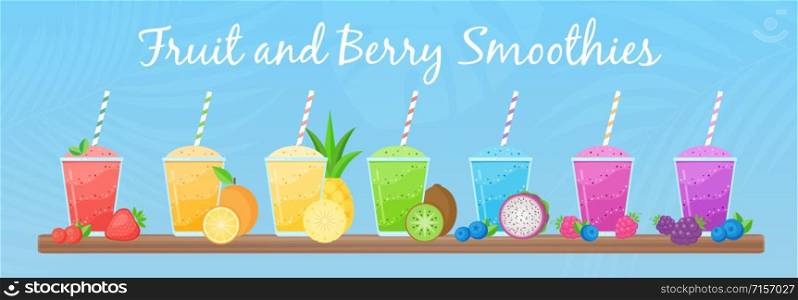 Natural fruit smoothie rainbow colection vector illustration. Sweet protein shake or vegeterian juicy cocktail set in glass cup with straw and fresh fruits for smoothie social media promotion banner. Rainbow natural fruit smoothie colection graphic