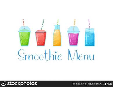 Natural fruit smoothie rainbow logo vector illustration. Sweet protein shake or vegeterian juicy cocktail set in glass cup with straw isolated on white background for smoothie social media banner. Rainbow natural fruit smoothie colection graphic