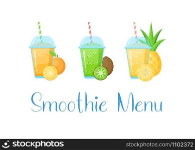 Natural fruit smoothie shake colection vector illustration. Sweet protein shake or vegeterian juicy cocktail set in glass cup with straw isolated on white background for smoothie social media banner. Natural fruit smoothie menu colection graphic