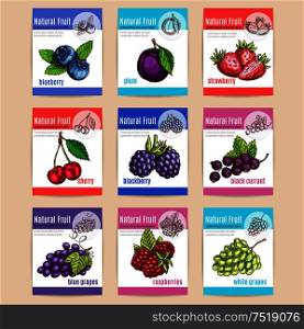 Natural fruits and berries with titles. Poster with vector sketch icons of blueberry, plum, strawberry, cherry, blackberry, blackcurrant, blue grapes, raspberries, white grapes. Natural fruits and berries posters