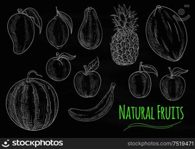 Natural fruits chalk sketch on blackboard with apple, lemon, banana, pineapple, peach, plum, mango, watermelon, avocado and melon fruits. Farm market design. Natural fresh fruits chalk sketch on chalkboard
