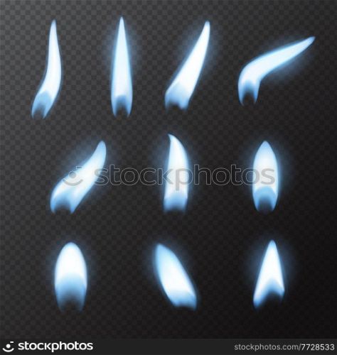 Natural gas blue fire flame isolated on transparent background. Realistic vector burning energy flames, glowing flare, shining blaze or bright torch of propane, methane or butane gas burner. Natural gas blue fire flame, realistic vector