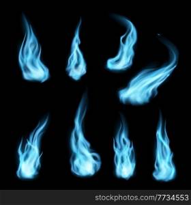 Natural gas blue fire long trails isolated set. Vector flames with realistic burning tongues. Fossil burning, magic spell blaze 3d effect, glowing shining flare on black background. Natural gas blue fire long trails isolated set