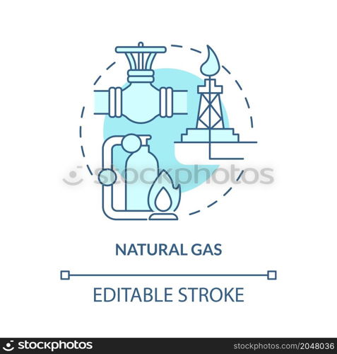 Natural gas turquoise blue concept icon. Fuel extract Nonrenewable sources abstract idea thin line illustration. Isolated outline drawing. Editable stroke. Roboto-Medium, Myriad Pro-Bold fonts used. Natural gas turquoise blue concept icon